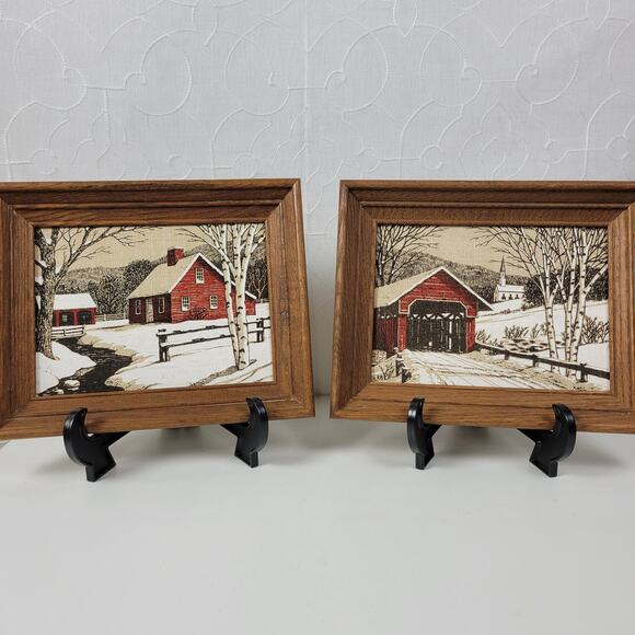 Vintage Linen Needlepoint Framed Covered Bridge And Farm House Winter Scene - Picture 1 of 14